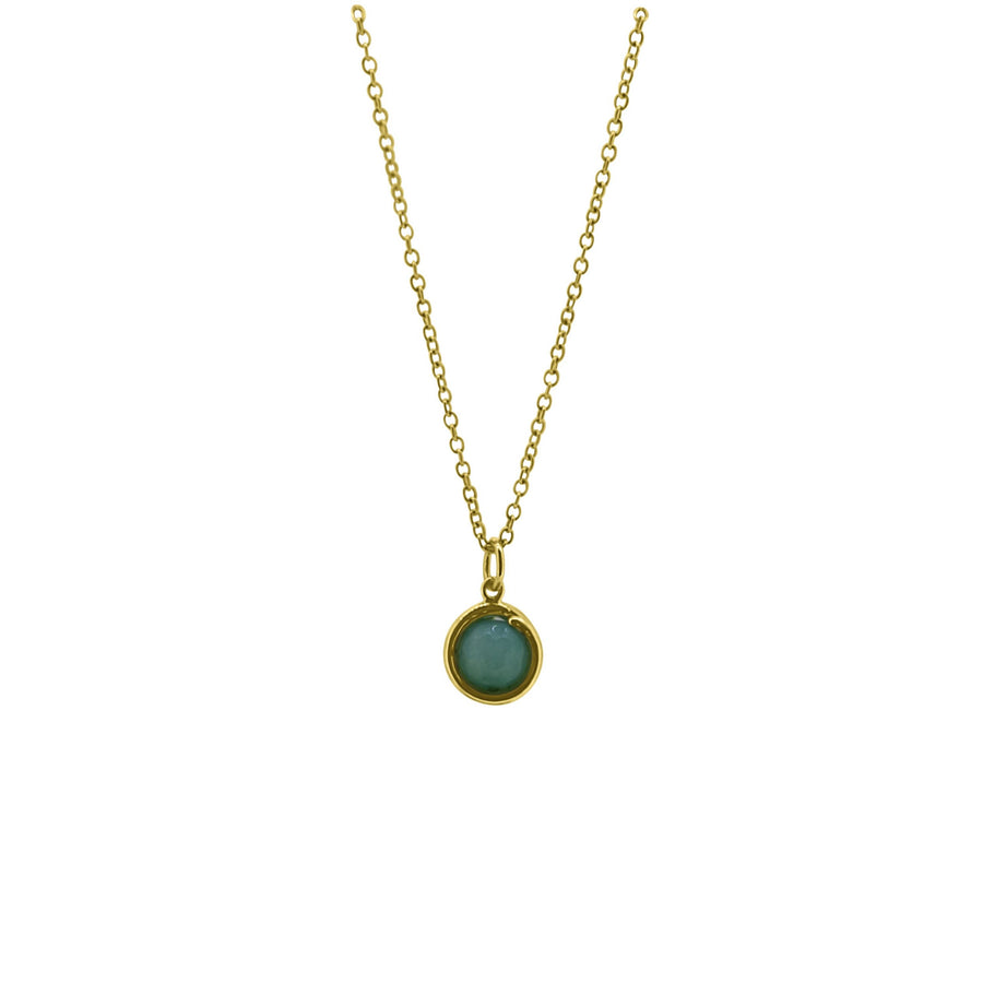 Aqua Jade Light Blue Delicate Gold Pendant Necklace 6mm round aqua jade set in simple setting wrapped around stone.