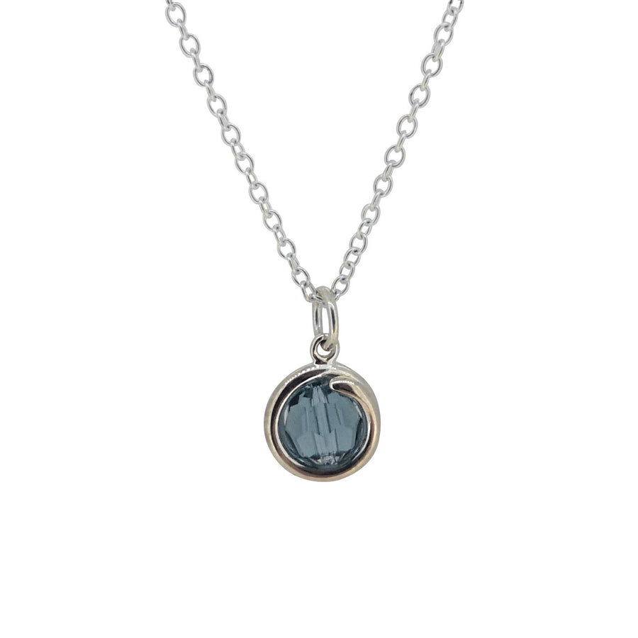 Blue Indigo Crystal Sterling Silver Delicate Pendant Necklace 6mm round Clear Crystal set in simple setting wrapped around stone for women Maree London Jewellery Designer