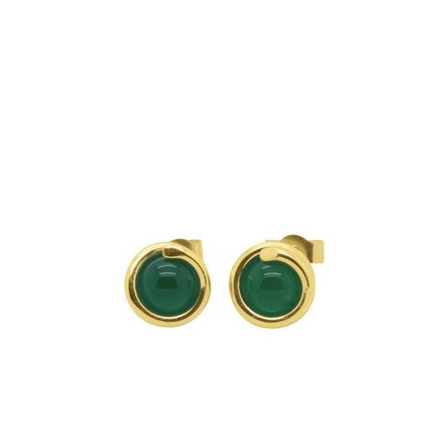 Green Agate Delicate Gold Stud Earring 6mm round Green Agate set in simple setting wrapped around stone for women maree london designer jewellery