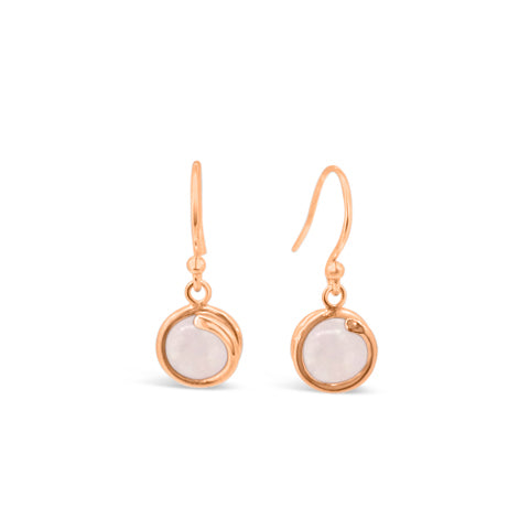 Rose Quartz Delicate Rose Gold Drop Earring 6mm round Rose quartz set in simple setting wrapped around stone for women Maree London Jewellery