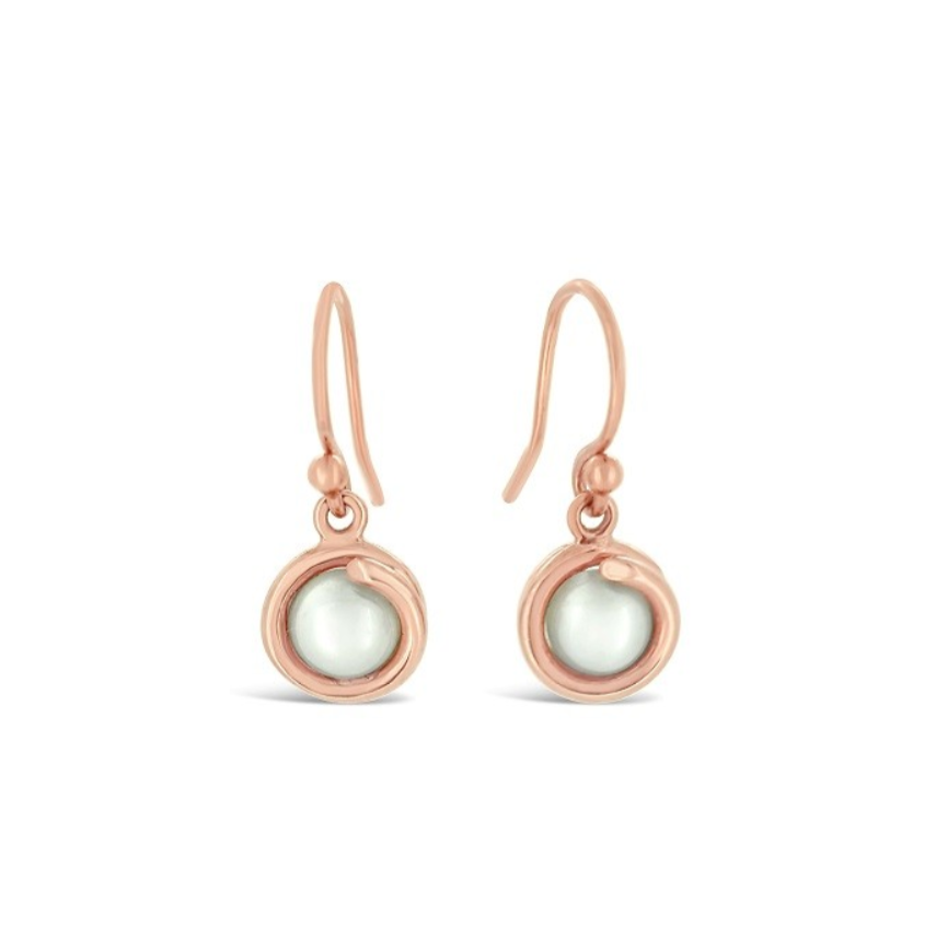 White Pearl Delicate Rose Gold Drop Earring 6mm round Pearl set in simple setting wrapped around stone