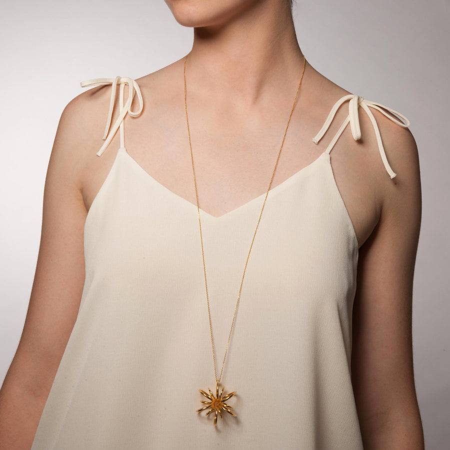 Yellew Gold Statement Lotus Flower Design Long Chain for women Gifts for her Maree London Jewellery British Designer Model Image