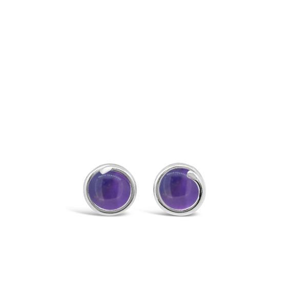 Amethyst Sterling Silver Delicate Stud Earrings 6mm round amethyst set in simple setting wrapped around stone for women Maree London Jewelley