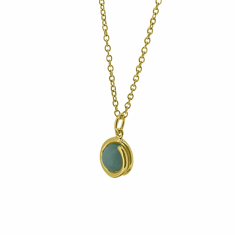 Aqua Jade Light Blue Delicate Gold Pendant Necklace 6mm round aqua jade set in simple setting wrapped around stone side view