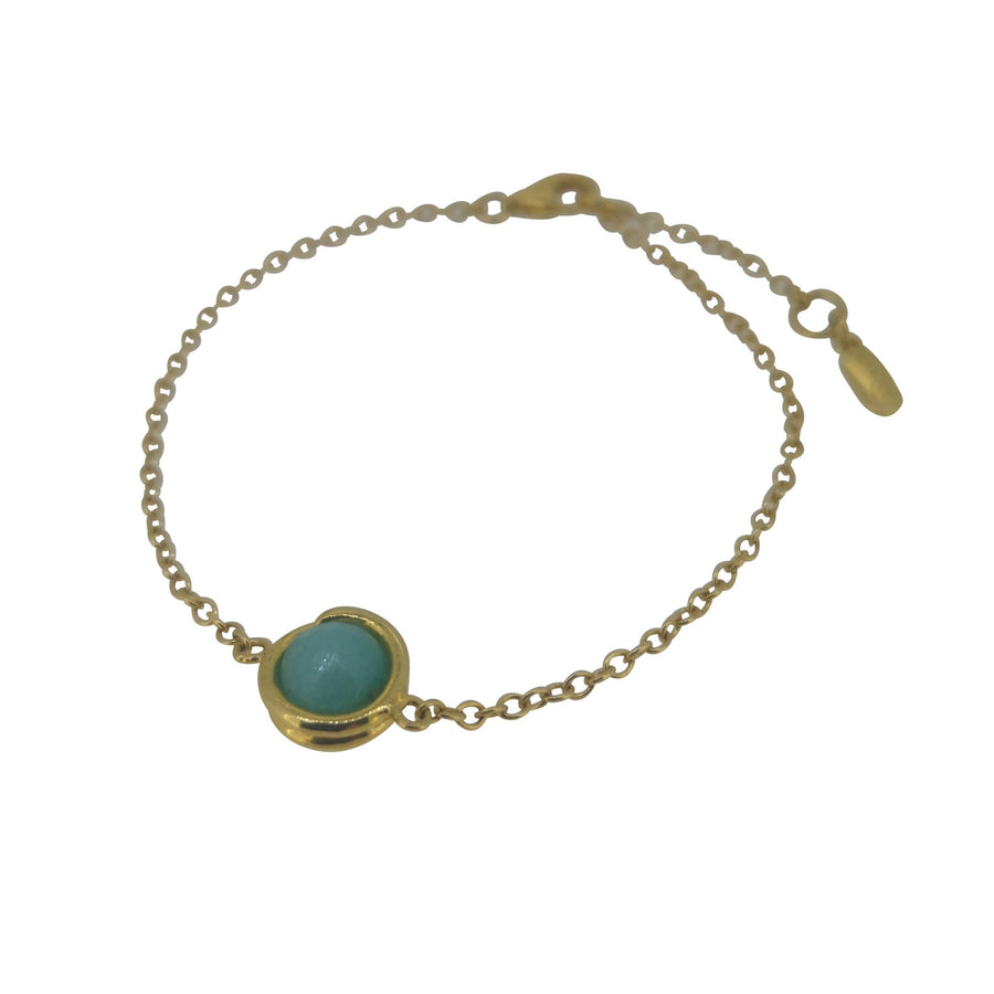 Gold Aqua Jade Delicate One Charm Bracelet 6mm round Aqua Jade set in simple setting wrapped around stone for women maree london designer jewellery