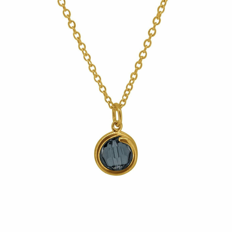 Blue indigo Crystal Gold Delicate Pendant Necklace 6mm round Clear Crystal set in simple setting wrapped around stone for women Maree London Jewellery Designer