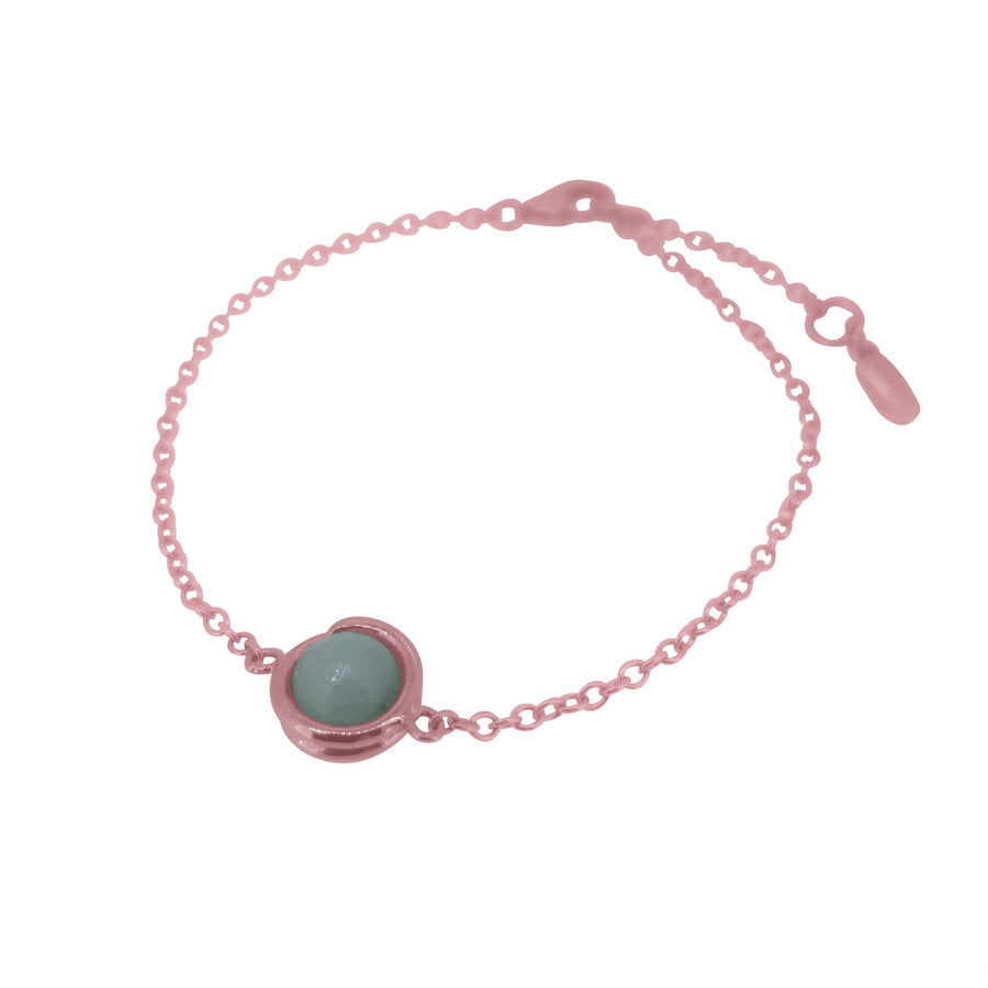 Rose-Gold-Aqua-Jade-Delicate-One-Charm-Bracelet-SRGBAJ-6mm-round-Aqua-Jade-set-in-simple-setting-for-women-Maree London-Jewellery-on Model