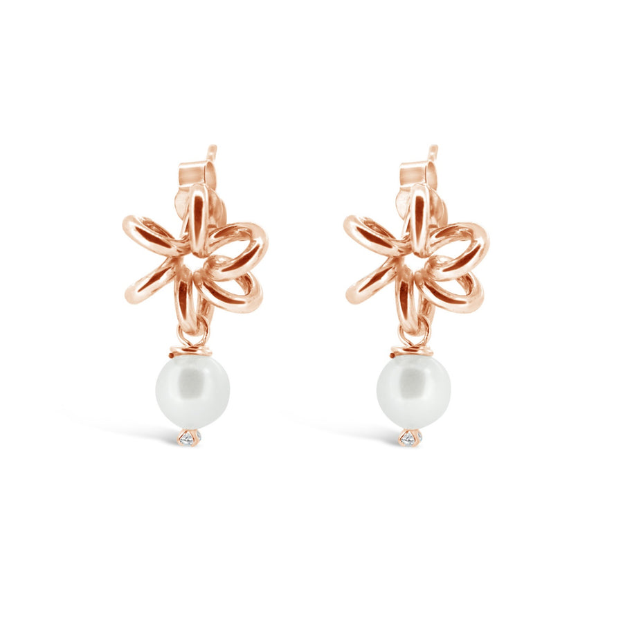 Rose Gold Daffodil Flower Drop Earring Round White Pearl Drop Unique Design for women Gifts for her Maree London Jewellery British Designer
