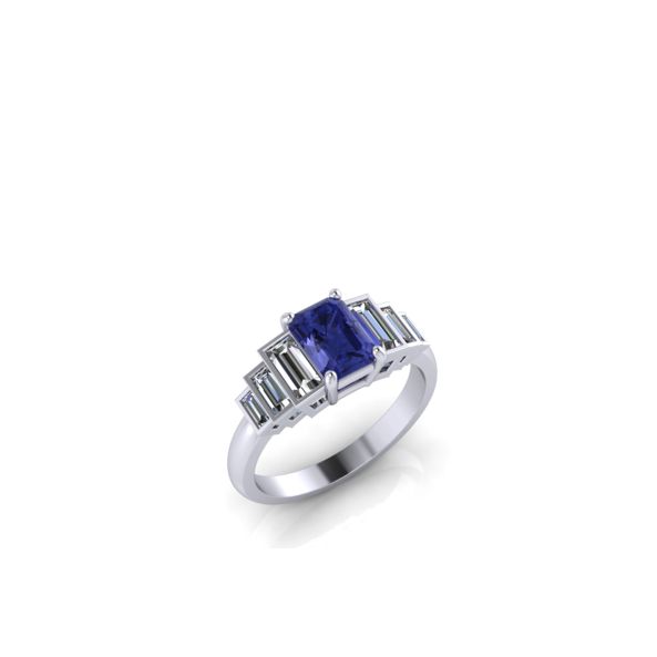 ART DECO EMERALD CUT BLUE SAPPHIRE AND BAGUETTE DIAMOND RING for women Maree london jewellery