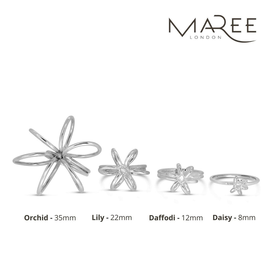 Sterling-Silver-Flower-Collection-rings-orchid-lily-daffodil-daisy-flower-for-women Maree-London-Jewellery-British-Designer-Front-View