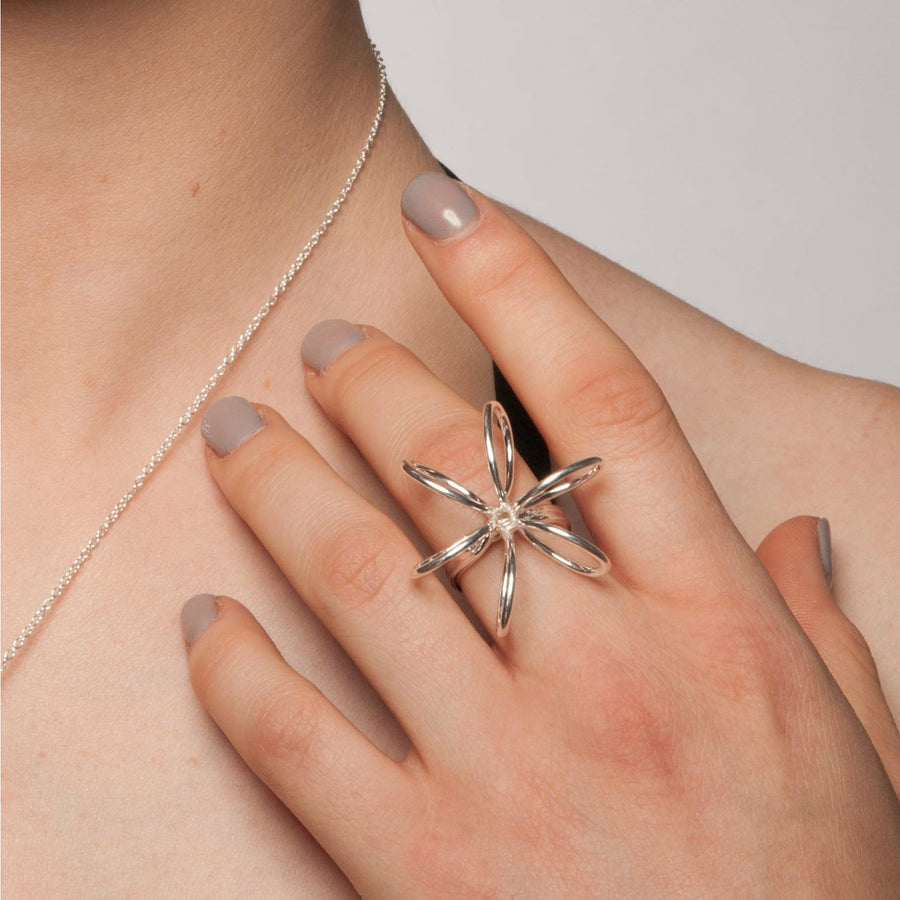 Orchid Flower Silver Statement Ring
