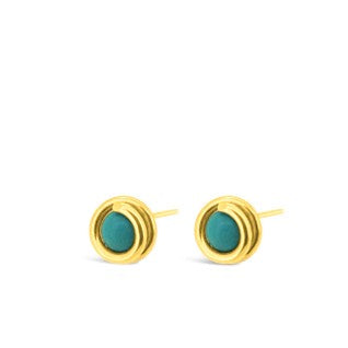 Turquoise Delicate Yellow Gold Stud Earring 6mm round Turquoise set in simple setting wrapped around stone for women Maree London Jewellery Designer
