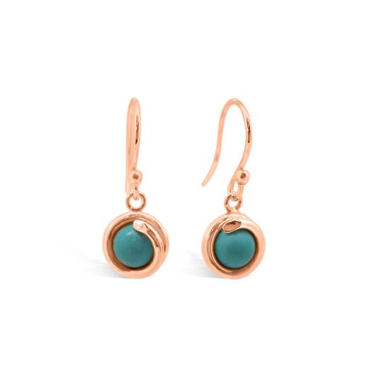 Turquoise Delicate Rose Gold Drop Earring 6mm round Turquoise set in simple setting wrapped around stone for women Maree London Jewellery Designer