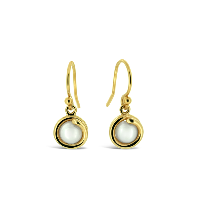 White Pearl Delicate Gold Drop Earring 6mm round Pearl set in simple setting wrapped around stone