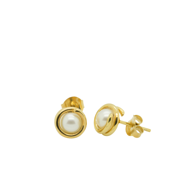 White Pearl Delicate Gold Stud Earring 6mm round Pearl set in simple setting wrapped around stone
