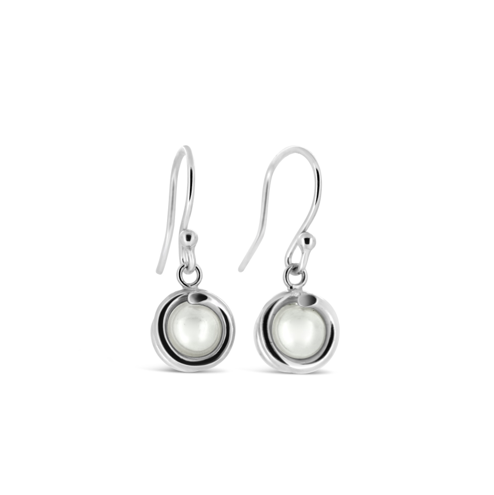 White Pearl Delicate Sterling Silver Drop Earring 6mm round Pearl set in simple setting wrapped around stone