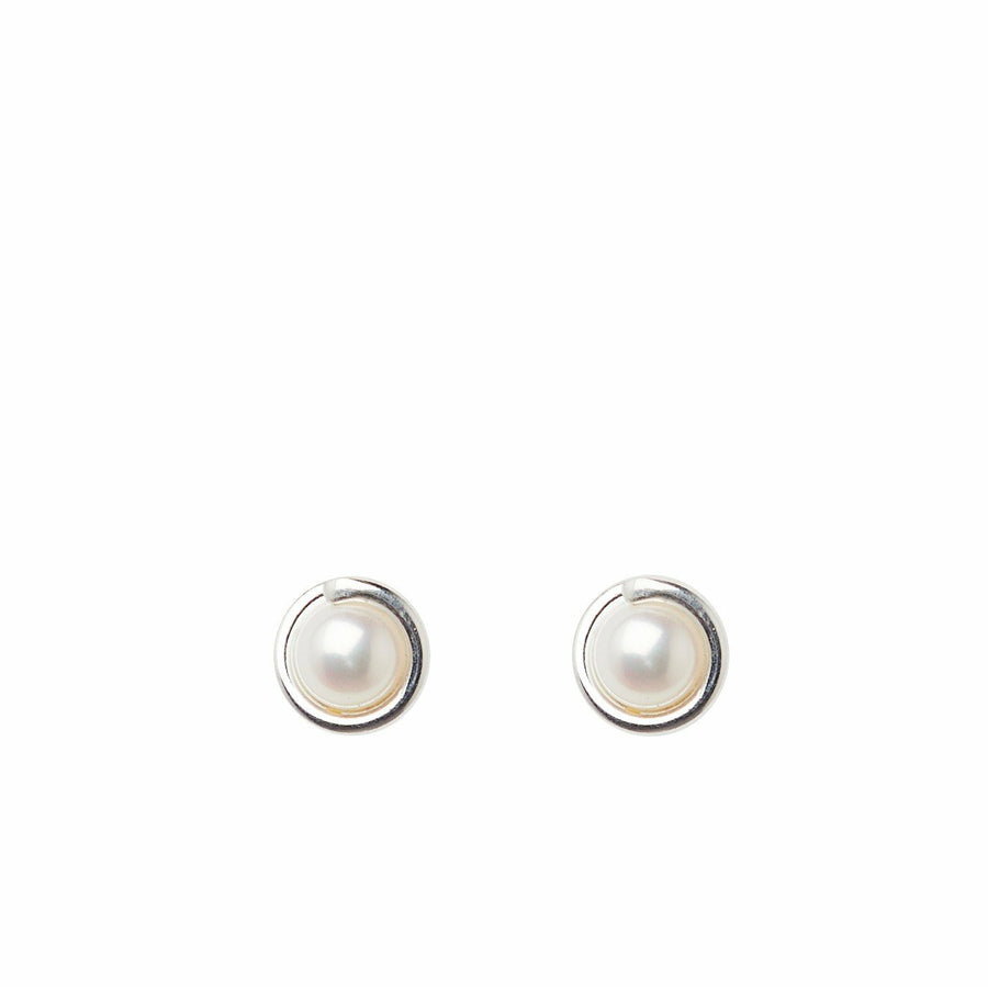 White Pearl Delicate Sterling Silver Stud Earring 6mm round Pearl set in simple setting wrapped around stone