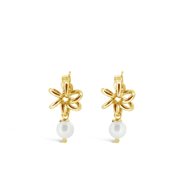 Daffodil Flower Yellow Gold Stud Earrings White Pearl